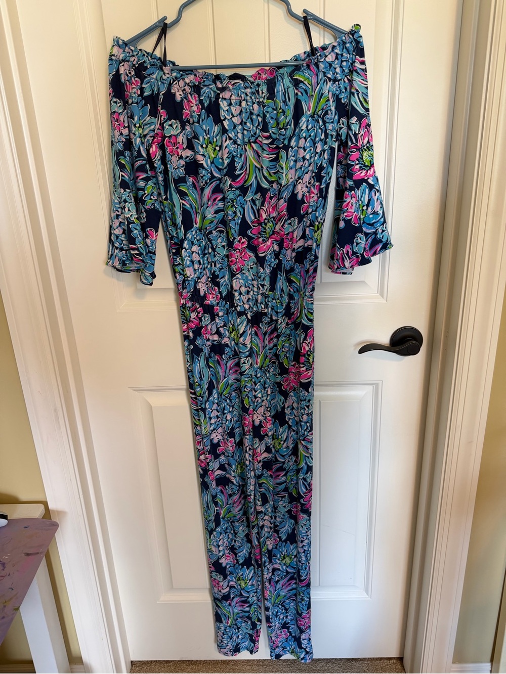 Lilly Pulitzer Navy Off-Shoulder Floral Jumpsuit with Pink & Green Accents